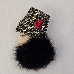 Porcelain Vintage Women Face Brooch Fancy Fashionista Unmarked Pin